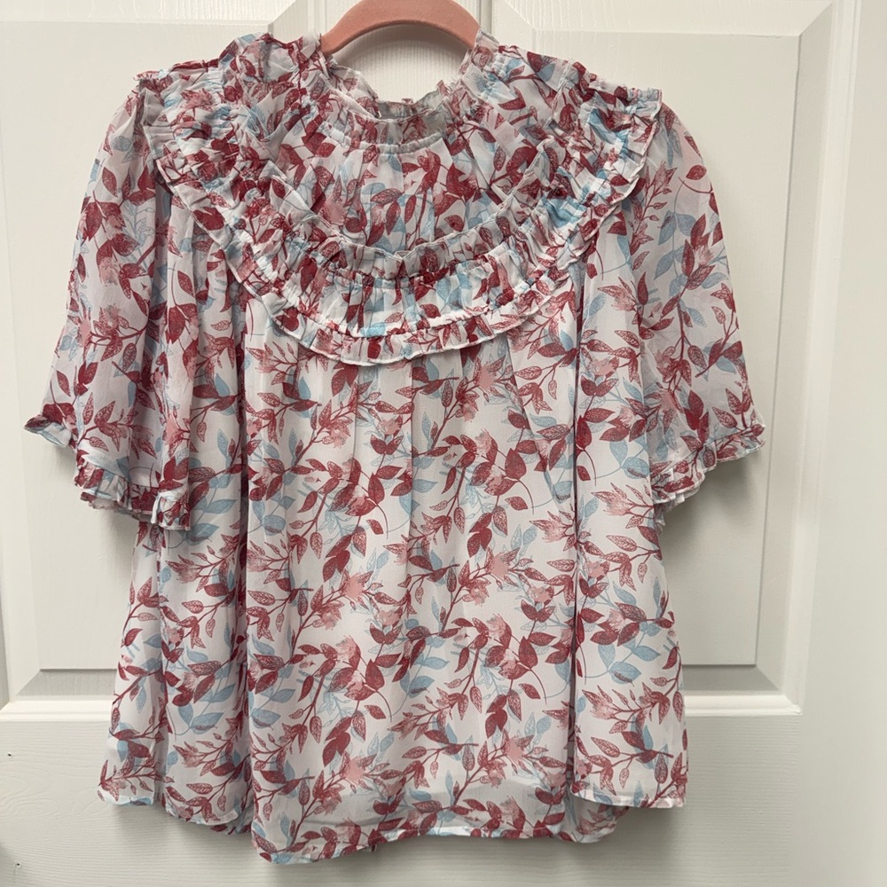 Listicle Ruffle Necklne Top Mauve and Light Blue Floral Print - New with Tags